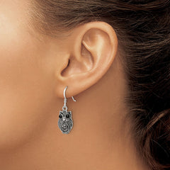 Sterling Silver Marcasite and Black Agate Owl Shepherd Hook Earrings