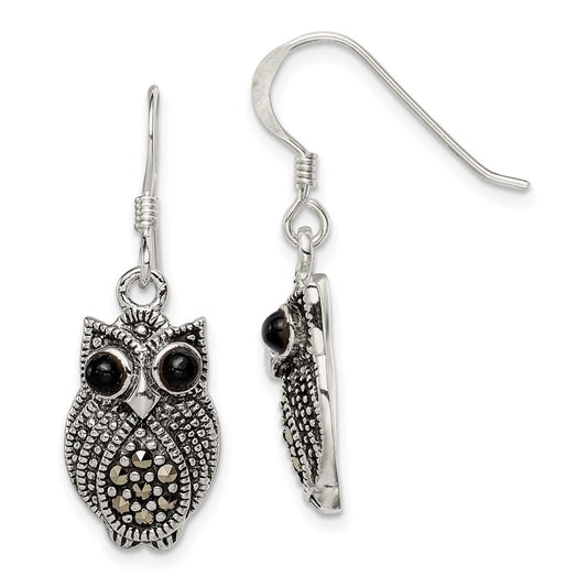Sterling Silver Marcasite and Black Agate Owl Shepherd Hook Earrings