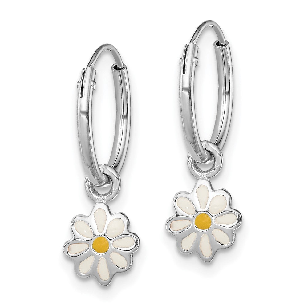 Rhodium-plated Sterling Silver Child's Enameled Daisy Hinged Hoop Earrings