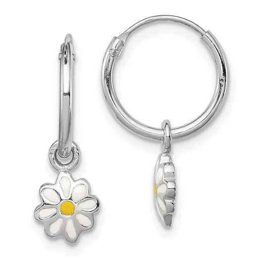 Rhodium-plated Sterling Silver Child's Enameled Daisy Hinged Hoop Earrings