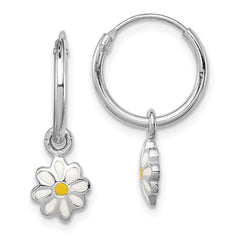 Rhodium-plated Sterling Silver Child's Enameled Daisy Hinged Hoop Earrings