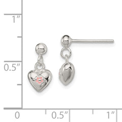 Sterling Silver Pink Enamel Kid's Heart Dangle Earrings