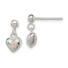 Sterling Silver Pink Enamel Kid's Heart Dangle Earrings