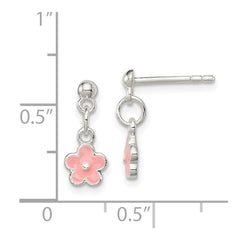 Sterling Silver Pink Enamel Kid's Flower Dangle Earrings