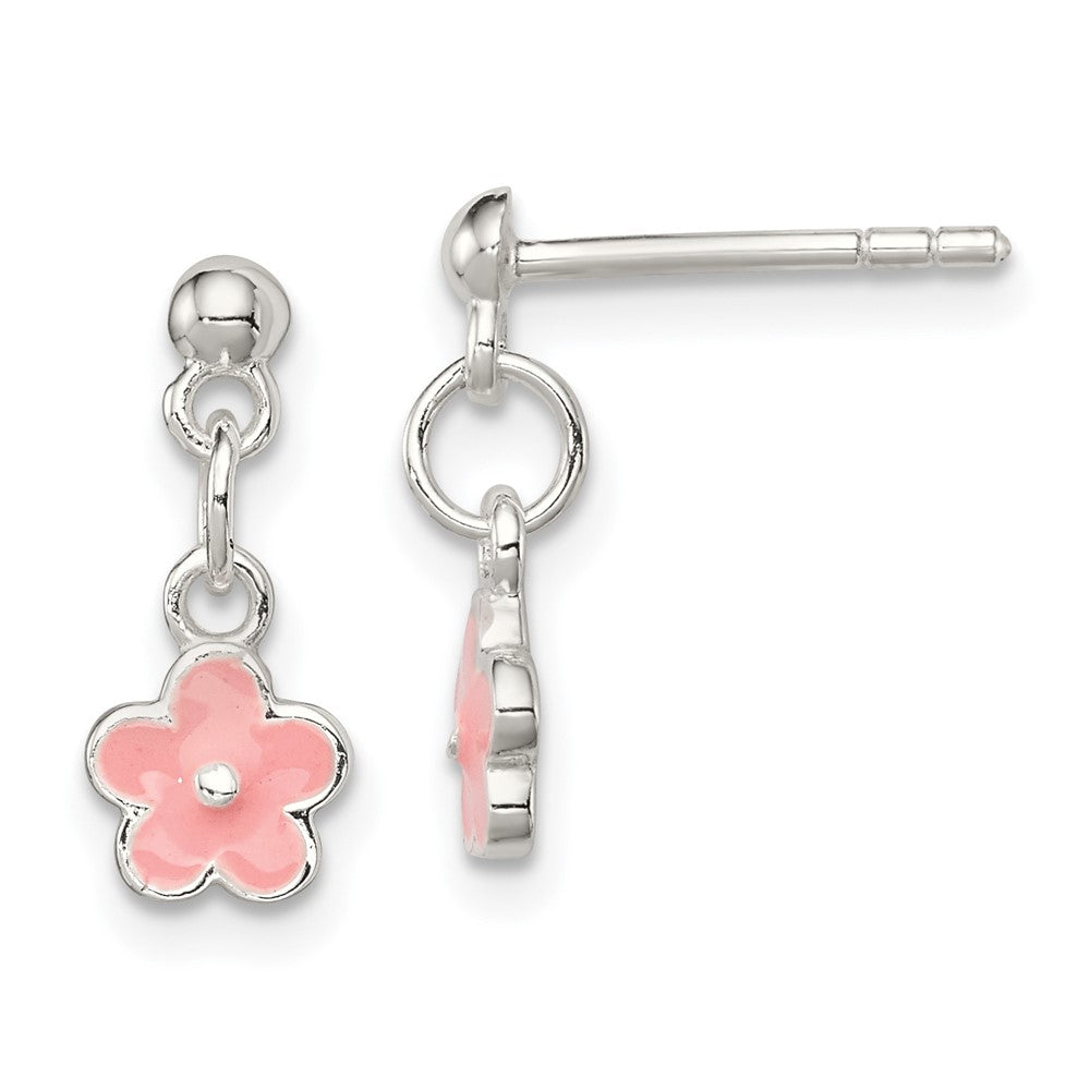 Sterling Silver Pink Enamel Kid's Flower Dangle Earrings