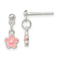 Sterling Silver Pink Enamel Kid's Flower Dangle Earrings