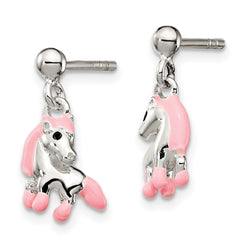 Sterling Silver Pink Enamel Kid's Horse Dangle Post Earrings
