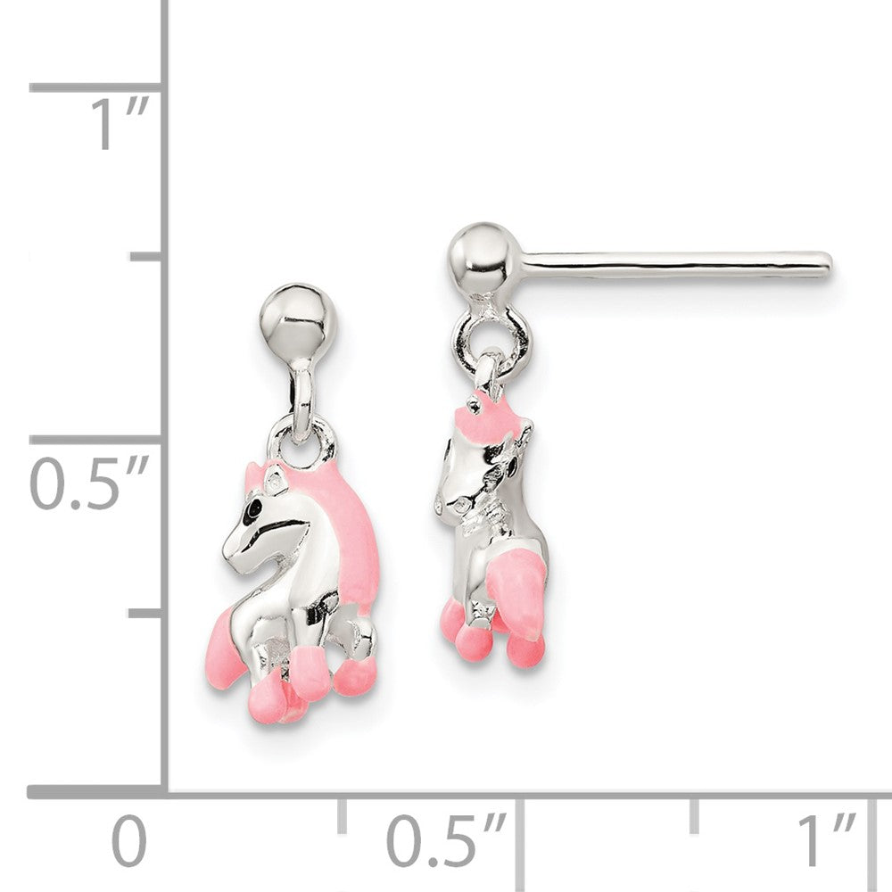 Sterling Silver Pink Enamel Kid's Horse Dangle Post Earrings