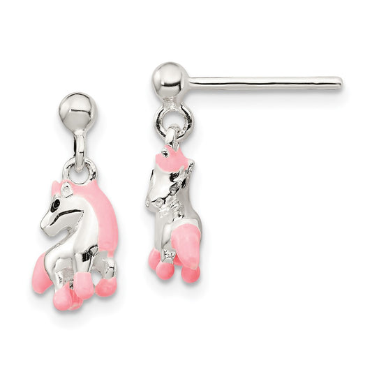 Sterling Silver Pink Enamel Kid's Horse Dangle Post Earrings
