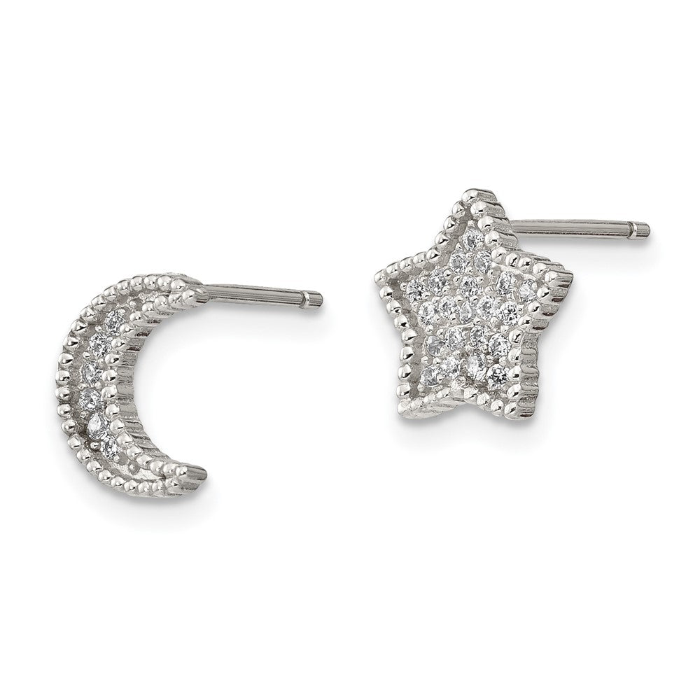 Sterling Silver Polished CZ Moon and Star Post Earrings