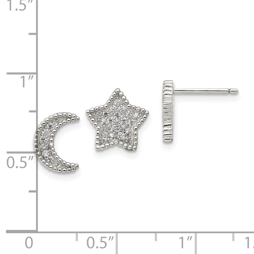 Sterling Silver Polished CZ Moon and Star Post Earrings