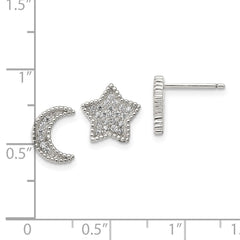 Sterling Silver Polished CZ Moon and Star Post Earrings