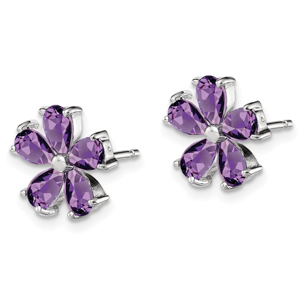 Rhodium-plated Sterling Silver Amethyst Floral Post Earrings