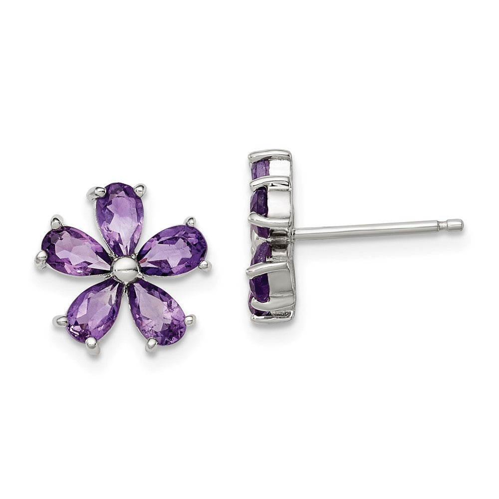 Rhodium-plated Sterling Silver Amethyst Floral Post Earrings