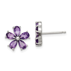 Rhodium-plated Sterling Silver Amethyst Floral Post Earrings