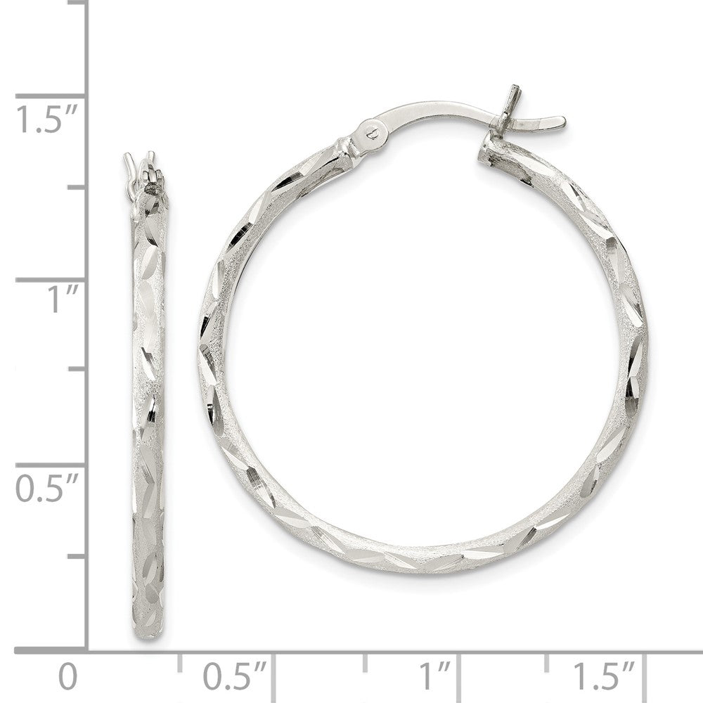 Sterling Silver Satin Diamond-cut 2x230mm Hoop Earrings