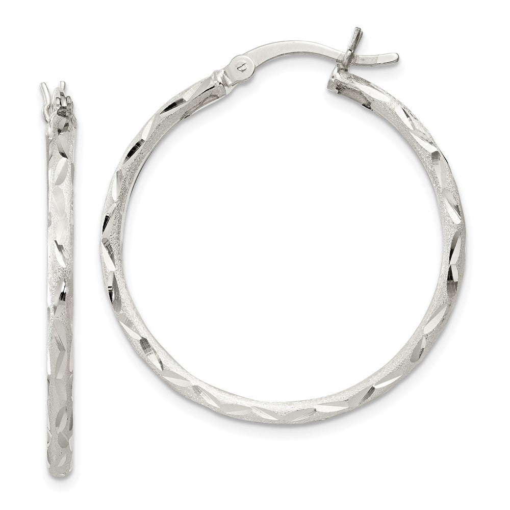 Sterling Silver Satin Diamond-cut 2x230mm Hoop Earrings