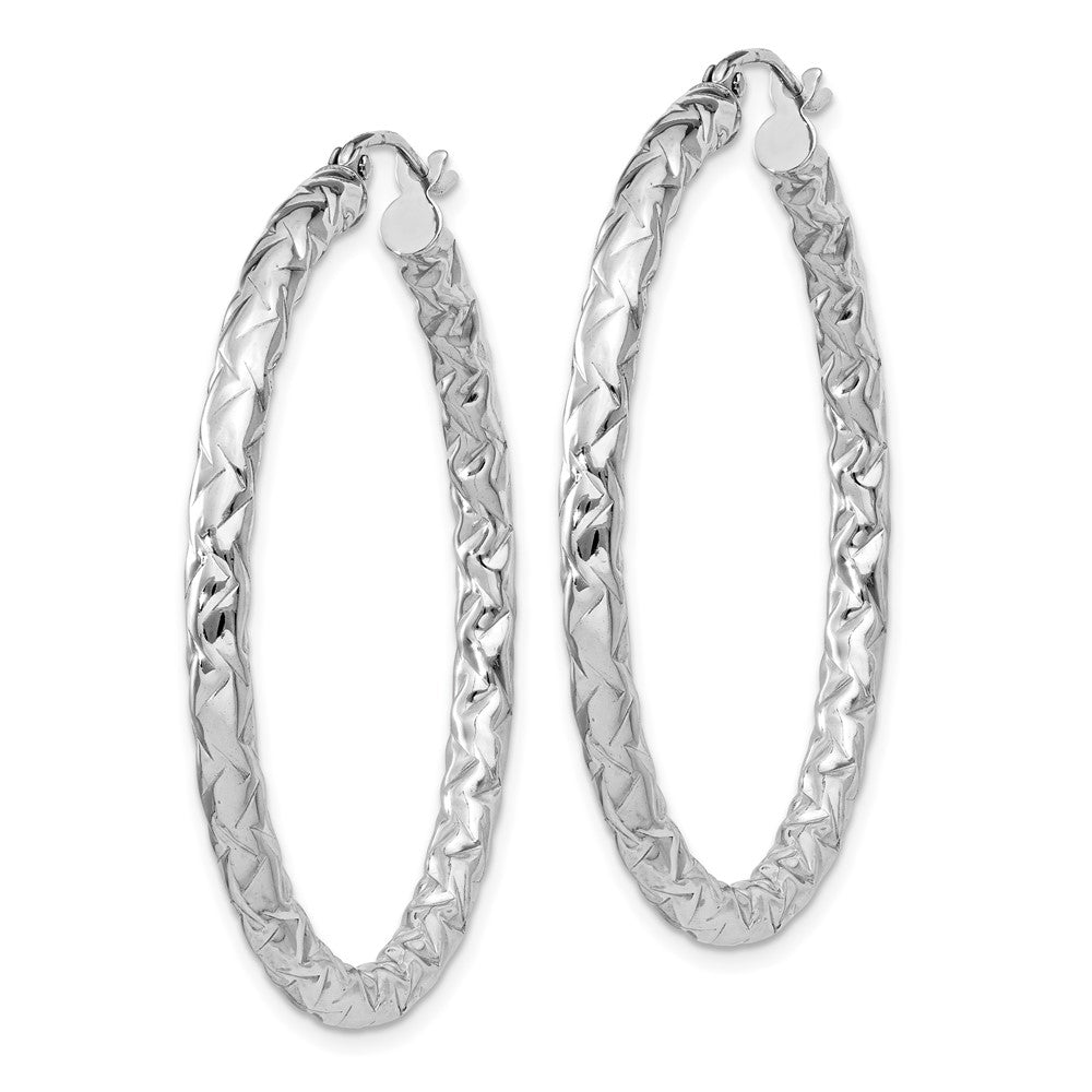 Rhodium-plated Sterling Silver Textured 3x40mm Hoop Earrings