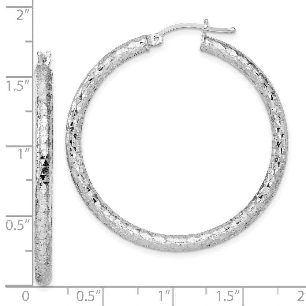 Rhodium-plated Sterling Silver Textured 3x40mm Hoop Earrings
