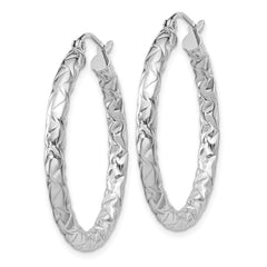 Rhodium-plated Sterling Silver Textured 3x30mm Hoop Earrings