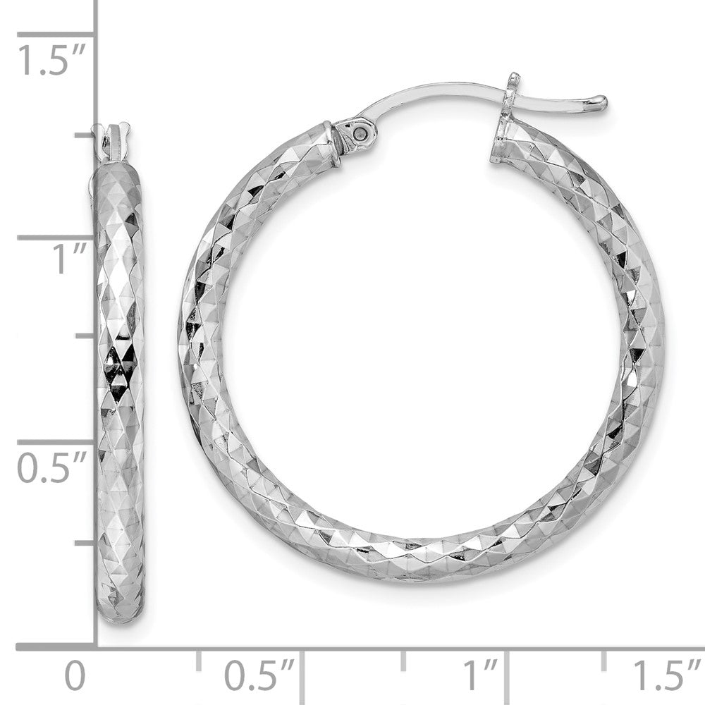 Rhodium-plated Sterling Silver Textured 3x30mm Hoop Earrings