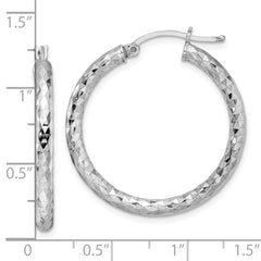 Rhodium-plated Sterling Silver Textured 3x30mm Hoop Earrings