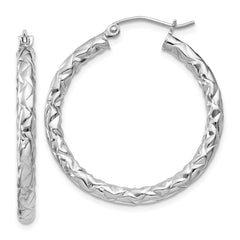 Rhodium-plated Sterling Silver Textured 3x30mm Hoop Earrings