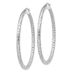 Rhodium-plated Sterling Silver Textured 3x50mm Hoop Earrings