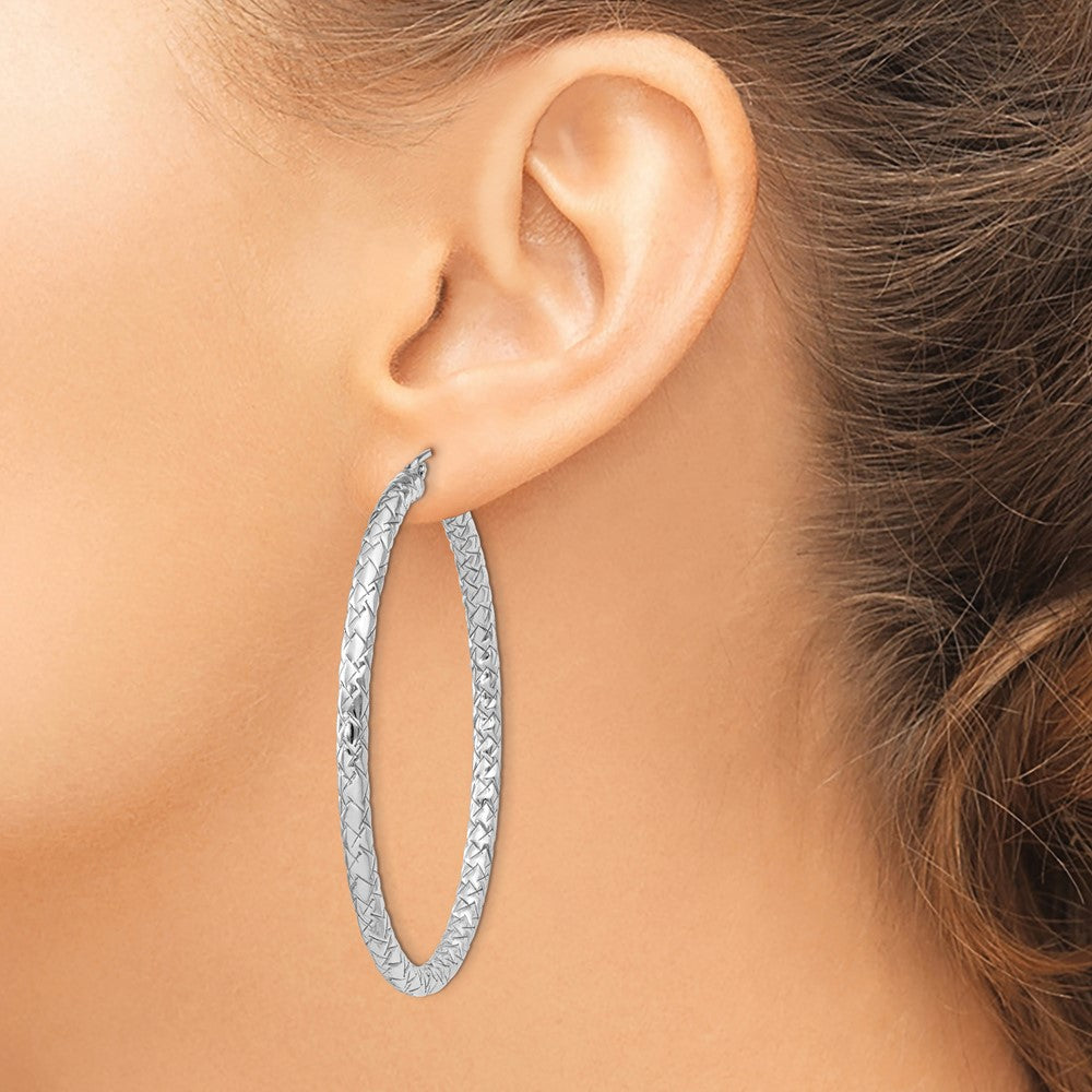 Rhodium-plated Sterling Silver Textured 3x50mm Hoop Earrings