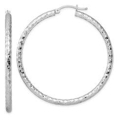 Rhodium-plated Sterling Silver Textured 3x50mm Hoop Earrings