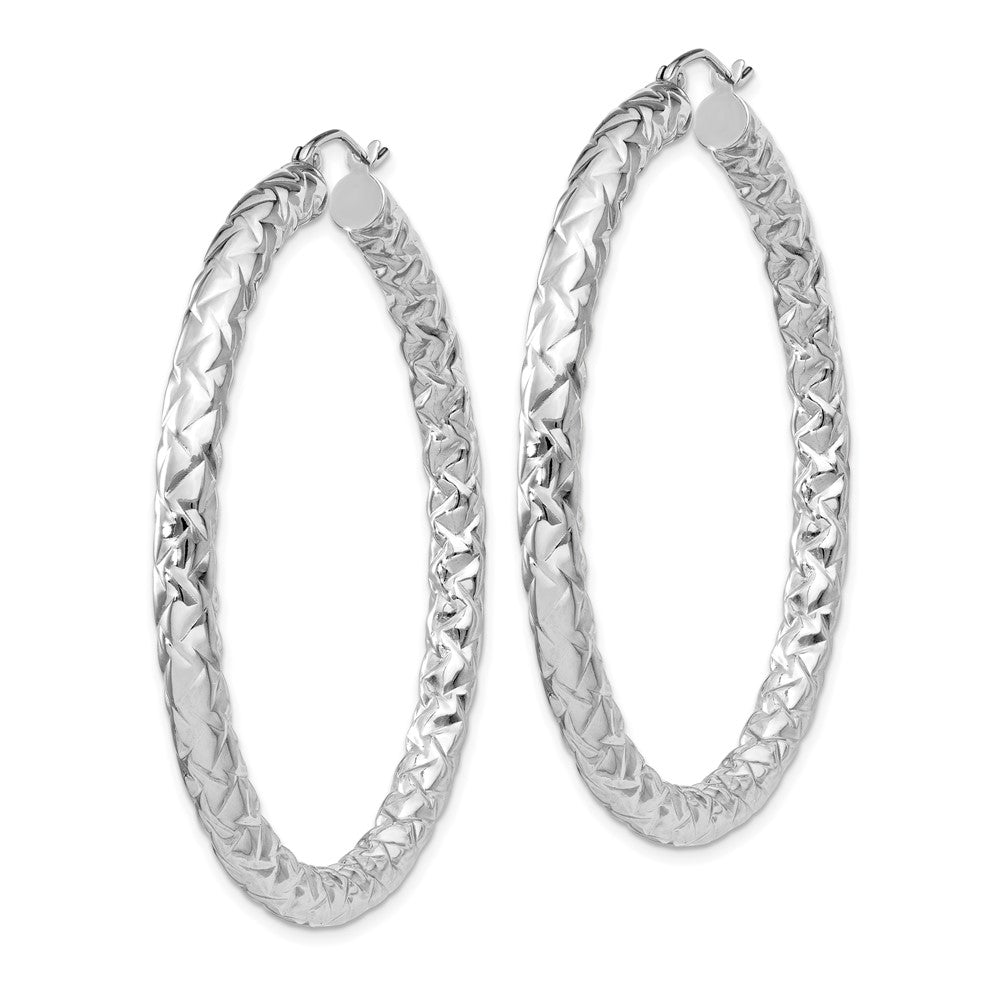 Rhodium-plated Sterling Silver Textured 4x50mm Hoop Earrings