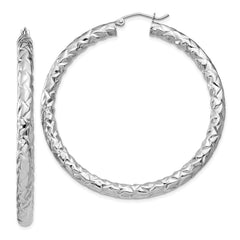 Rhodium-plated Sterling Silver Textured 4x50mm Hoop Earrings