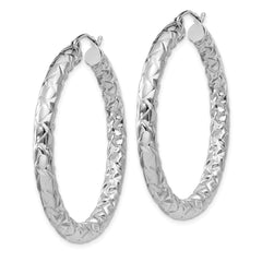 Rhodium-plated Sterling Silver Textured 4x40mm Hoop Earrings