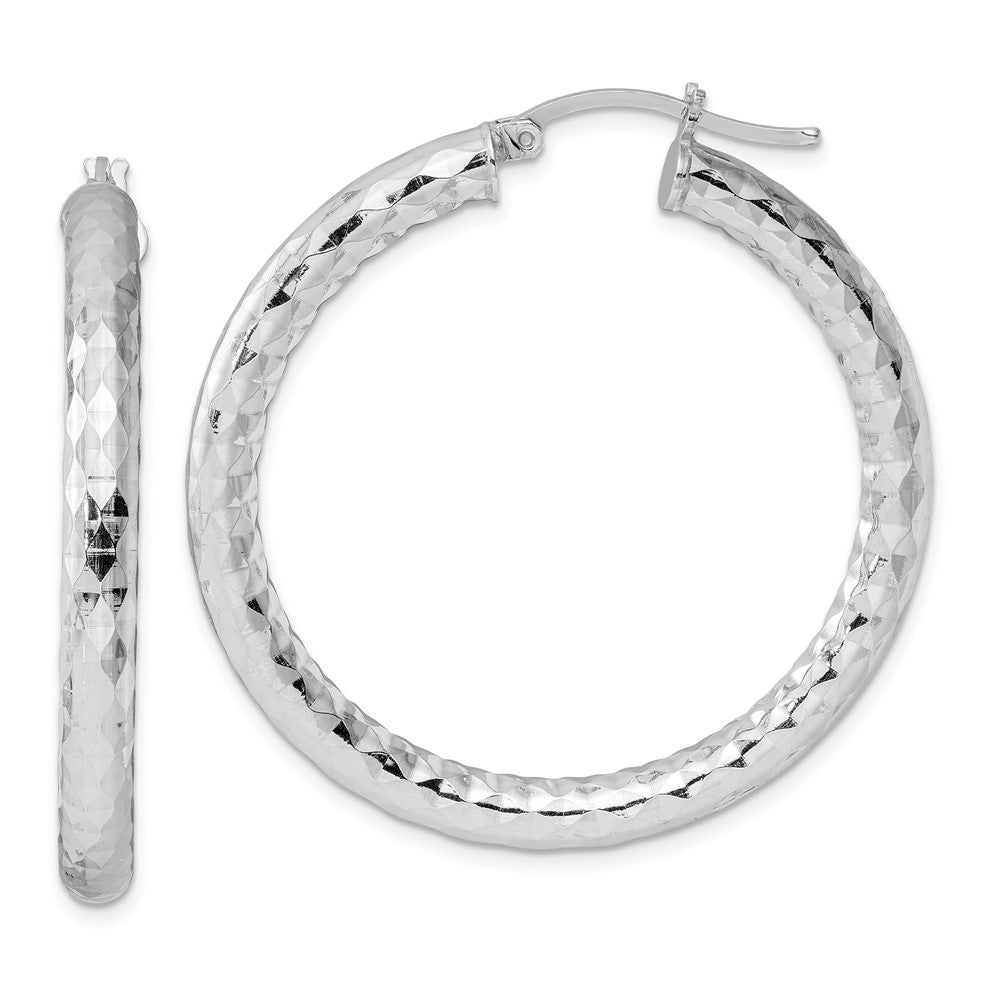 Rhodium-plated Sterling Silver Textured 4x40mm Hoop Earrings