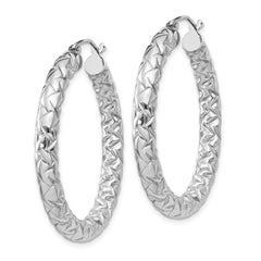 Rhodium-plated Sterling Silver Textured 4x35mm Hoop Earrings