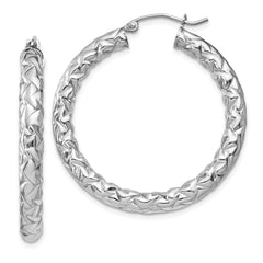 Rhodium-plated Sterling Silver Textured 4x35mm Hoop Earrings