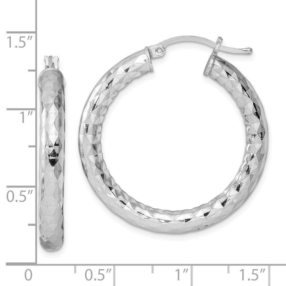 Rhodium-plated Sterling Silver Textured 4x30mm Hoop Earrings
