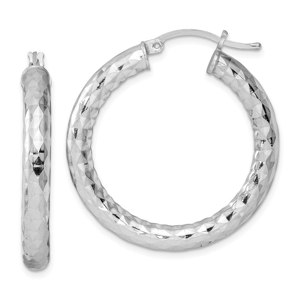 Rhodium-plated Sterling Silver Textured 4x30mm Hoop Earrings