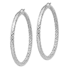 Rhodium-plated Sterling Silver Textured 4x60mm Hoop Earrings