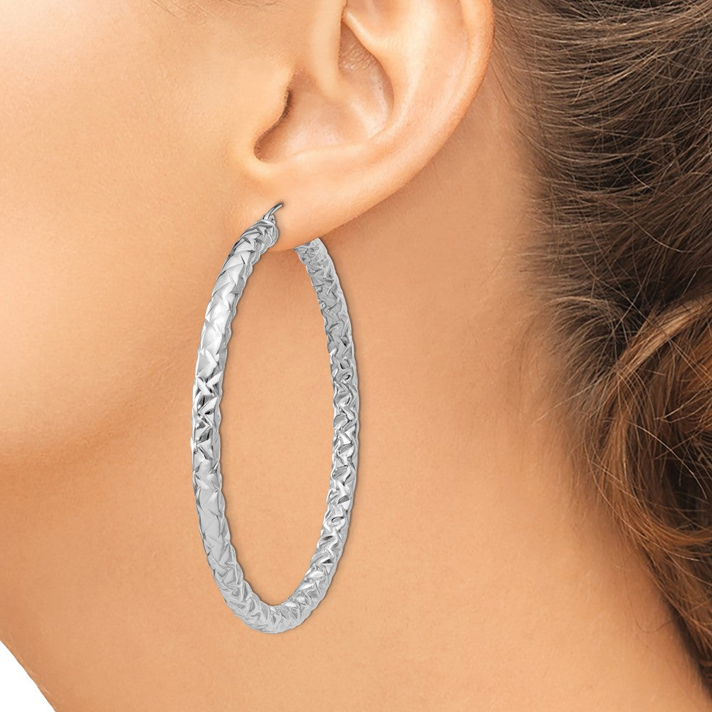 Rhodium-plated Sterling Silver Textured 4x60mm Hoop Earrings