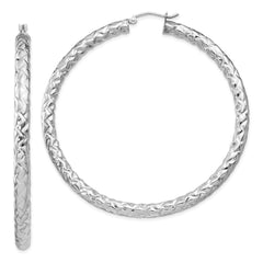 Rhodium-plated Sterling Silver Textured 4x60mm Hoop Earrings