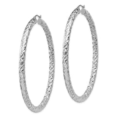 Rhodium-plated Sterling Silver Textured 4x65mm Hoop Earrings