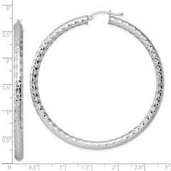 Rhodium-plated Sterling Silver Textured 4x65mm Hoop Earrings