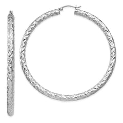Rhodium-plated Sterling Silver Textured 4x65mm Hoop Earrings