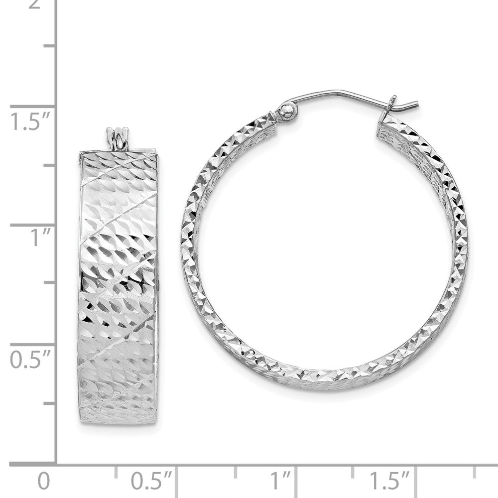 Rhodium-plated Sterling Silver Diamond-cut 7.75x30mm Hoop Earrings