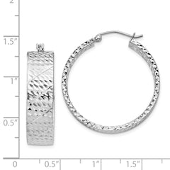 Rhodium-plated Sterling Silver Diamond-cut 7.75x30mm Hoop Earrings