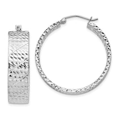 Rhodium-plated Sterling Silver Diamond-cut 7.75x30mm Hoop Earrings