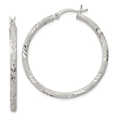 Sterling Silver 2.5mm Diamond-cut Laser-cut Hinged Hoop Earrings
