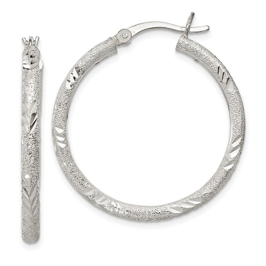 Sterling Silver 2.5mm Diamond-cut Laser-cut Hinged Hoop Earrings