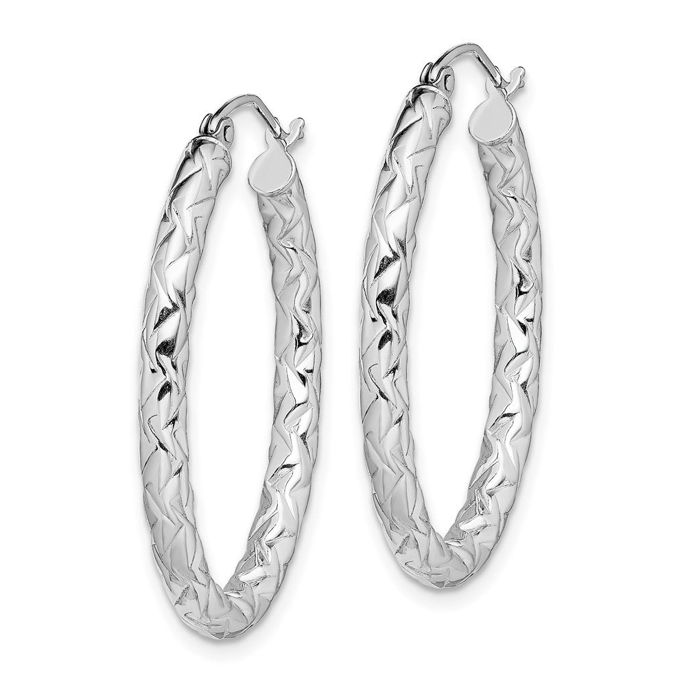Rhodium-plated Silver Diamond-cut Textured 3mm Oval Hoop Earrings